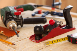 Woodworking tools on a carpenter's table.